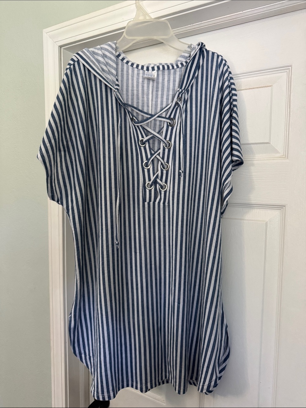Time and Tru Blue and White Striped Lace-Up Swim Coverup